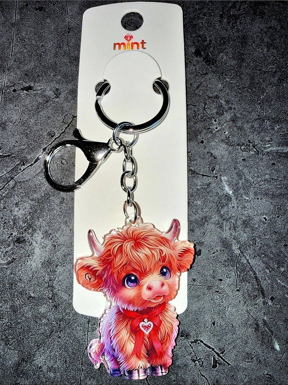 mint Highland Cow Keychain Pink & Silver
